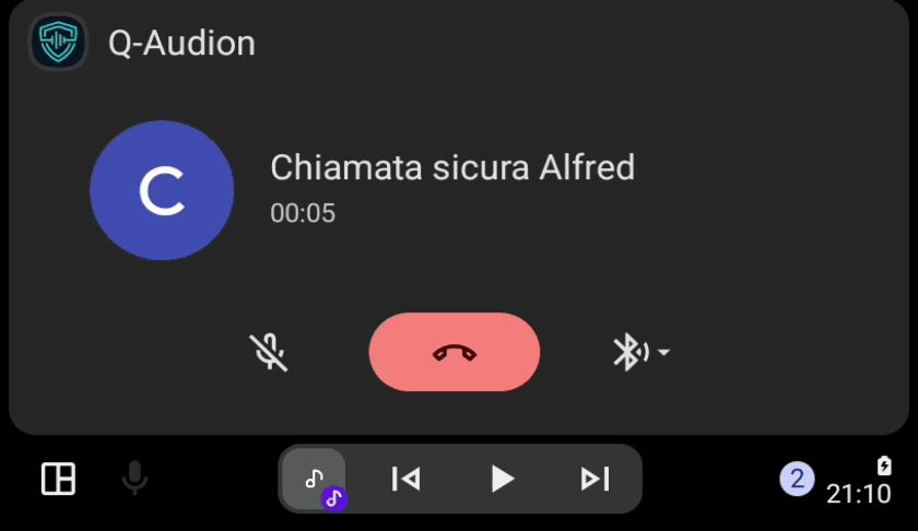 Android Auto head unit showing an active secure Q-AUDION call