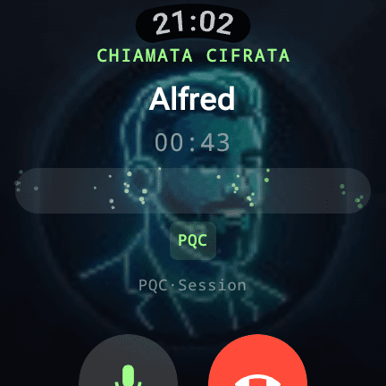 Wear OS watch face showing an active encrypted call with a PQC session badge